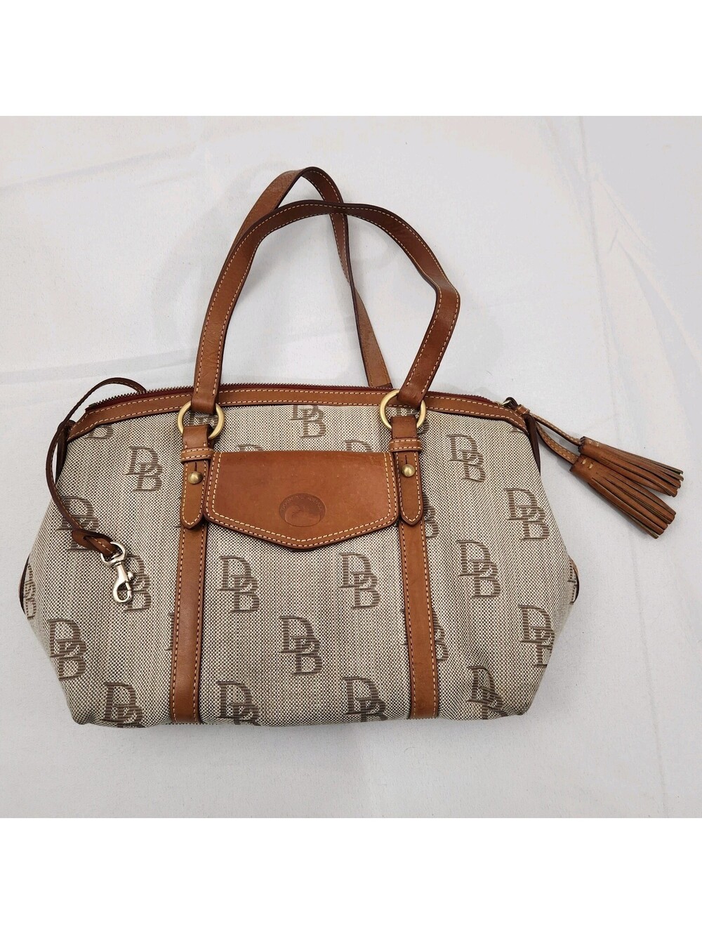 Vintage Dooney & Bourke Shoulder Bag Monogram Pattern on Canvas Tab Brown
